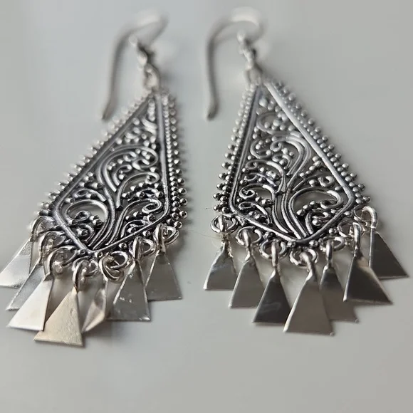 Vintage 925 Sterling Silver Filigree Dangle Earrings Boho Statement Fringe Light - Picture 6 of 8
